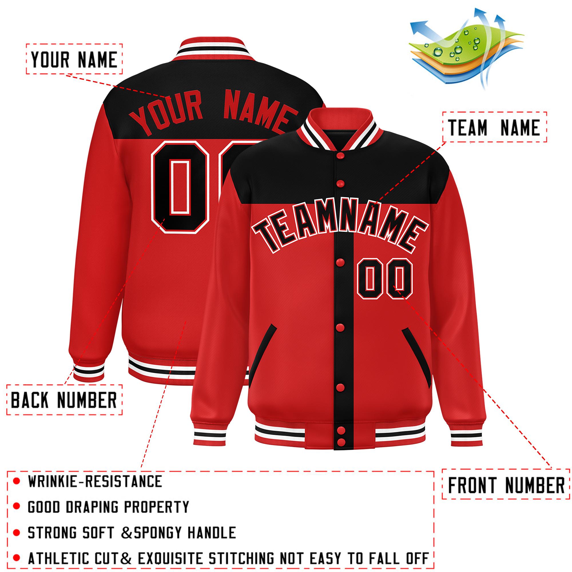 Custom Black Red Color Block Bomber Varsity Baseball Jacket