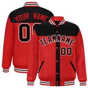 Custom Black Red Color Block Bomber Varsity Baseball Jacket