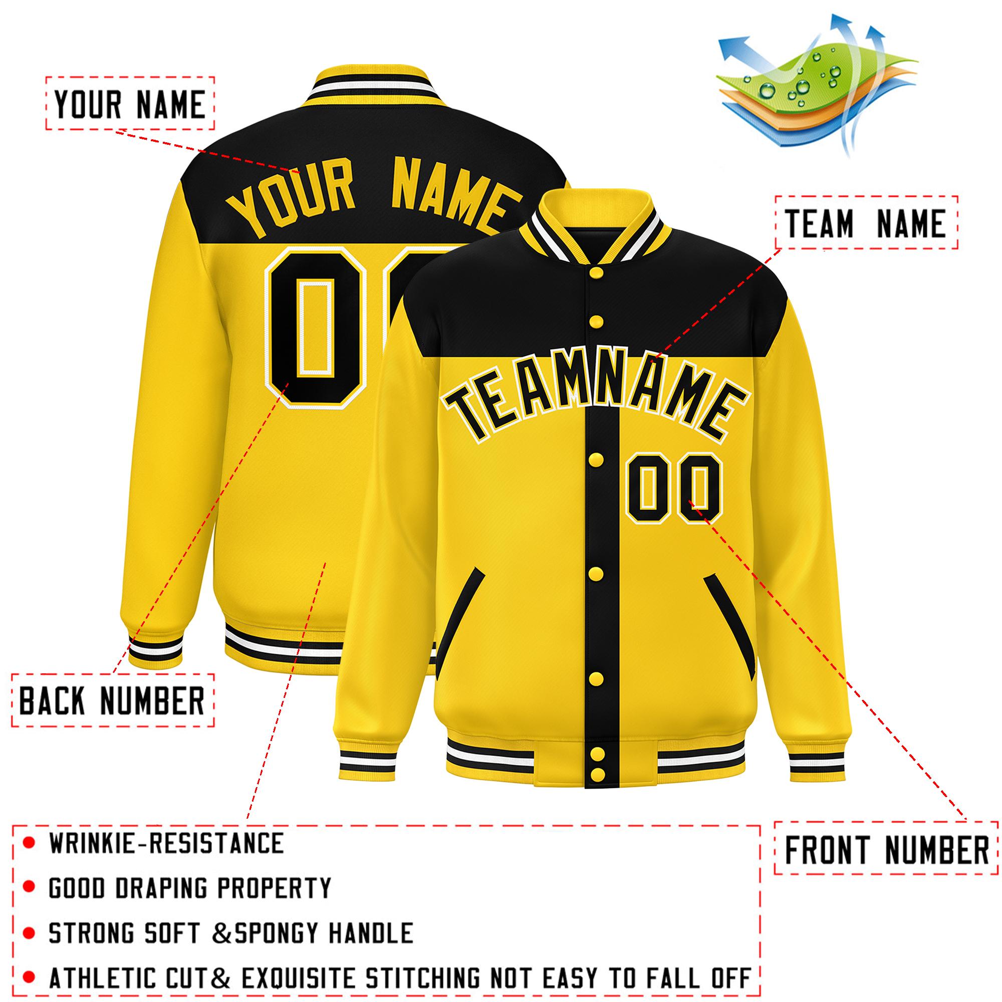 Custom Black Gold Color Block Bomber Varsity Baseball Jacket