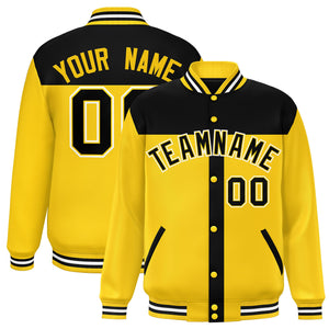 Custom Black Gold Color Block Bomber Varsity Baseball Jacket