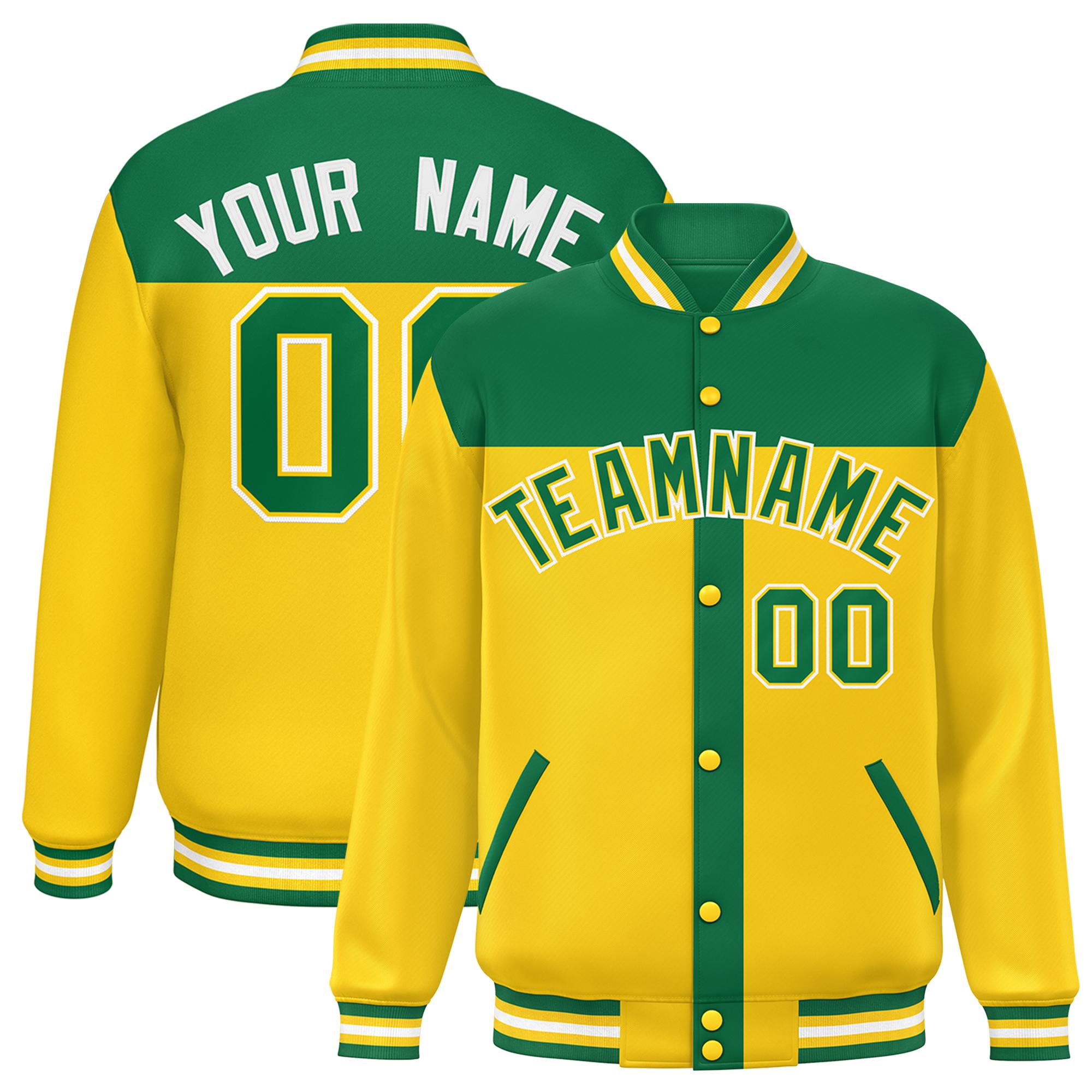 Custom Kelly Green Gold Color Block Bomber Varsity Baseball Jacket