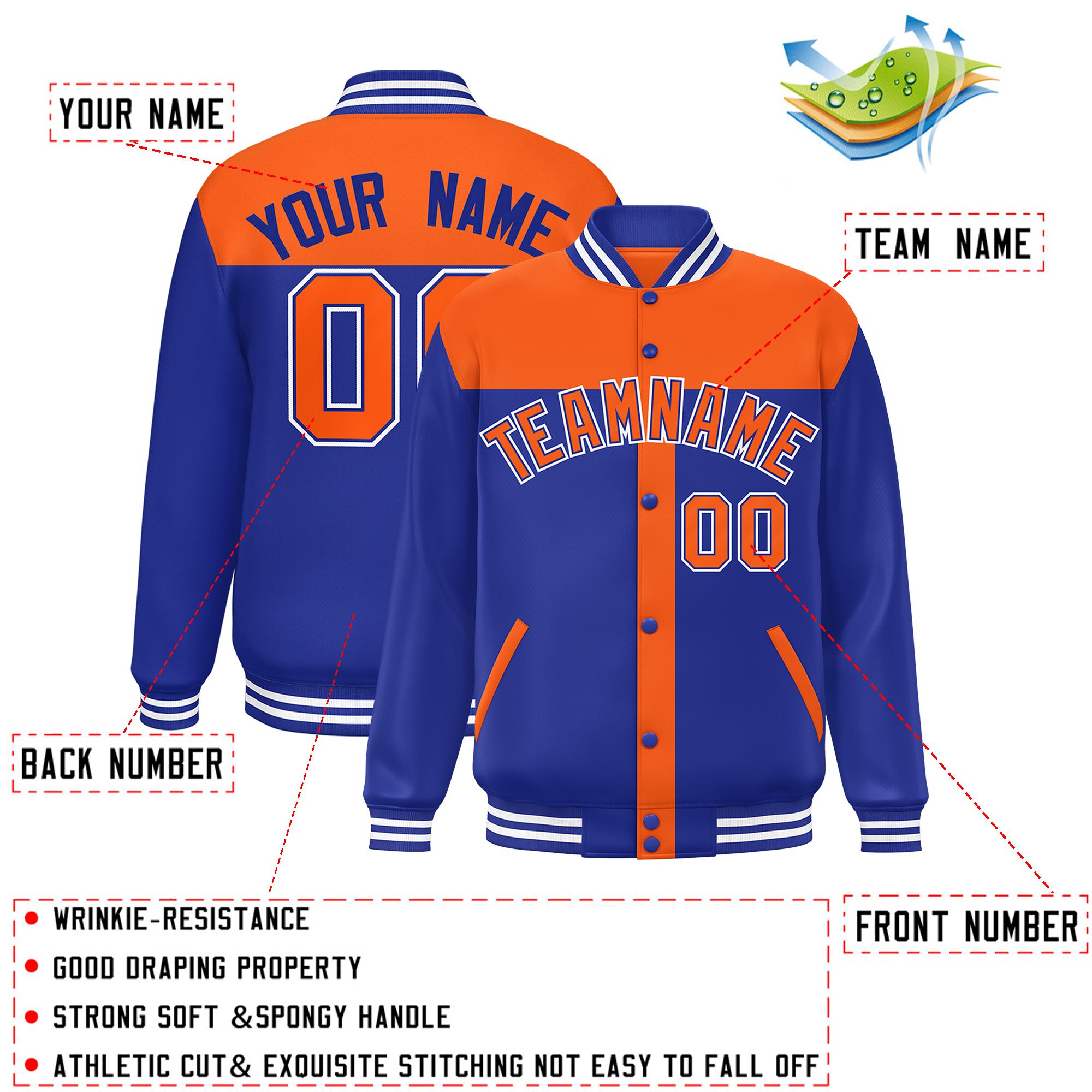 Custom Orange Royal Color Block Bomber Varsity Baseball Jacket