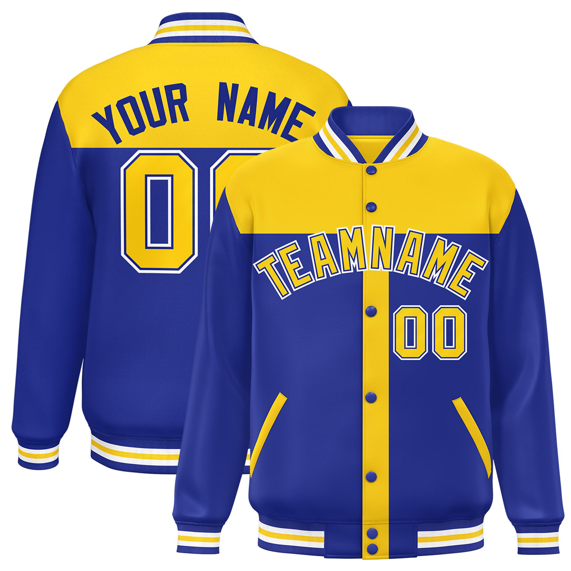 Custom Gold Royal Color Block Bomber Varsity Baseball Jacket