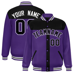 Custom Black Purple Color Block Bomber Varsity Baseball Jacket