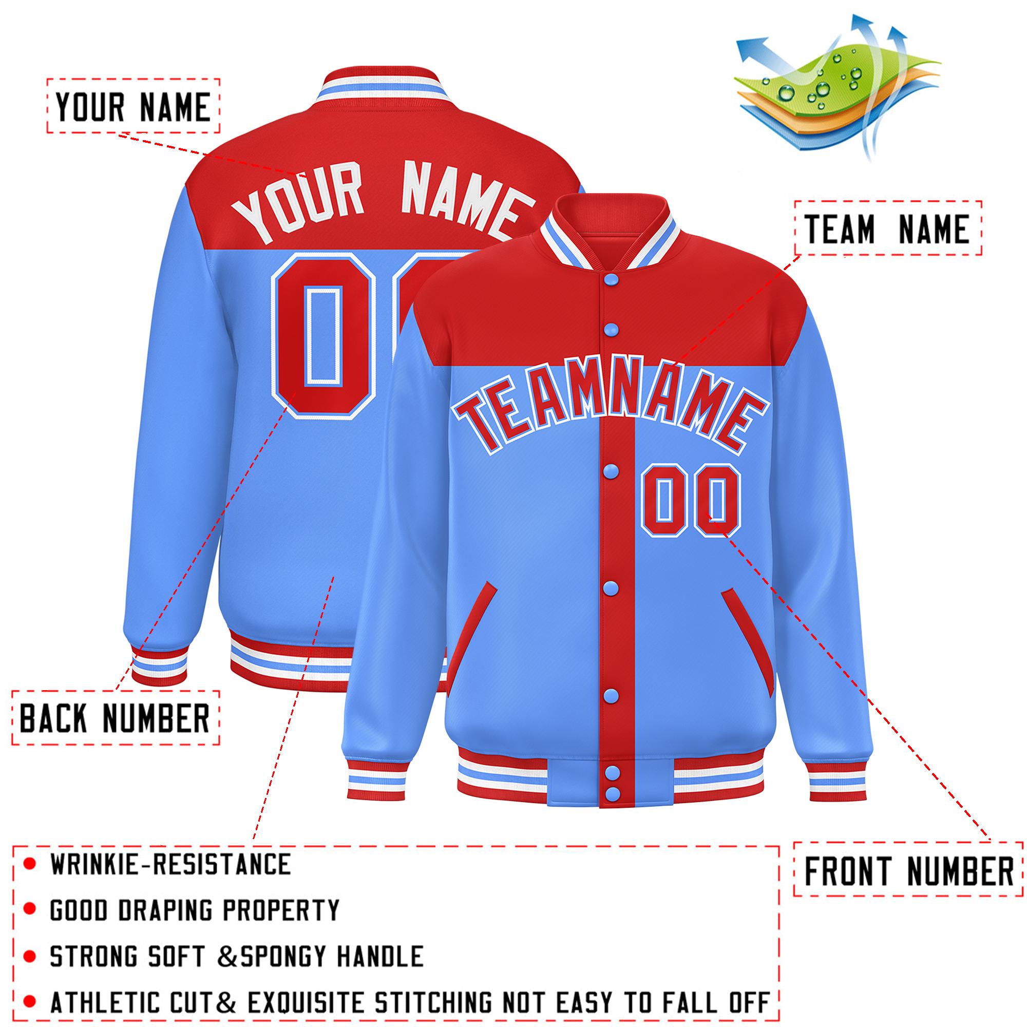 Custom Red Powder Blue Color Block Bomber Varsity Baseball Jacket