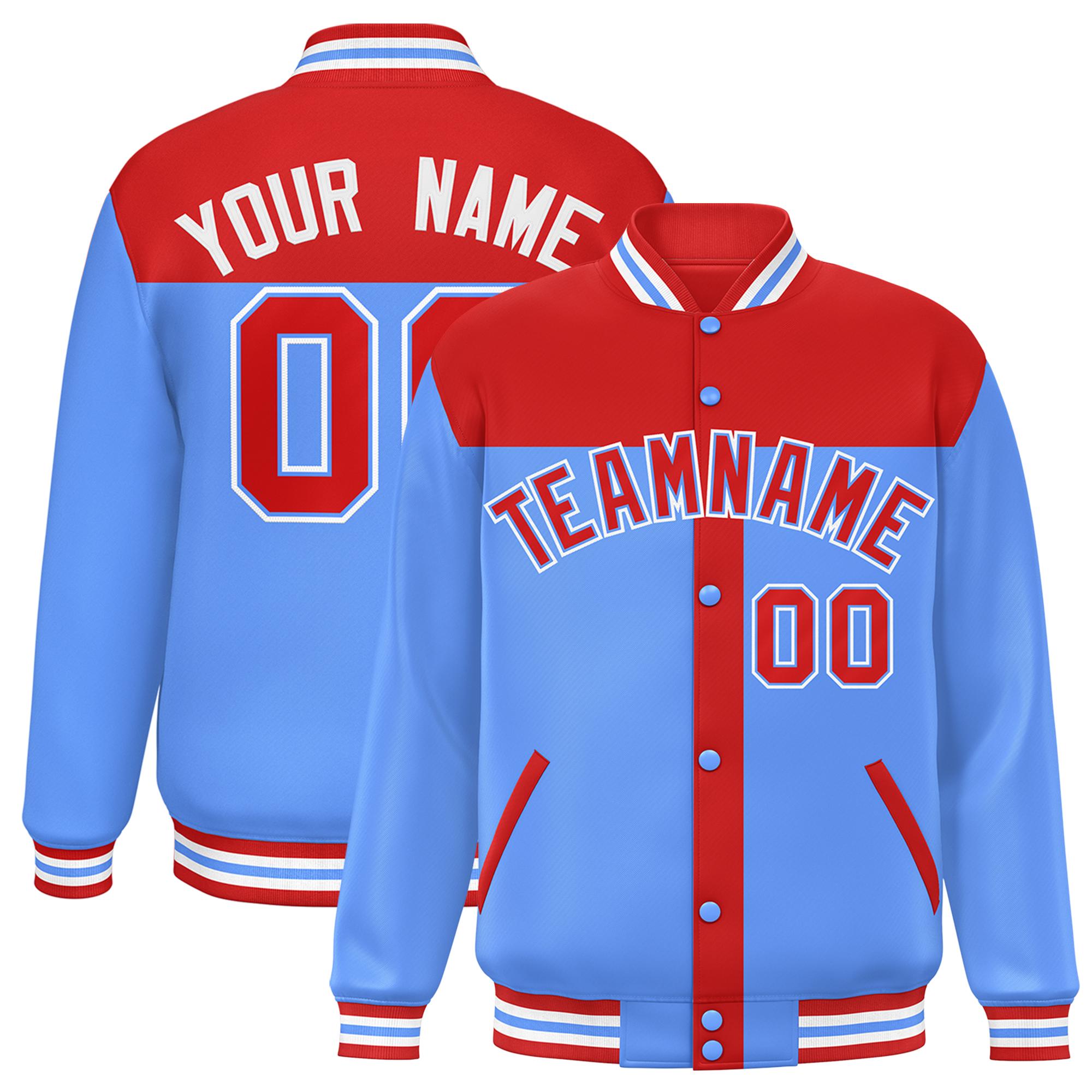 Custom Red Powder Blue Color Block Bomber Varsity Baseball Jacket