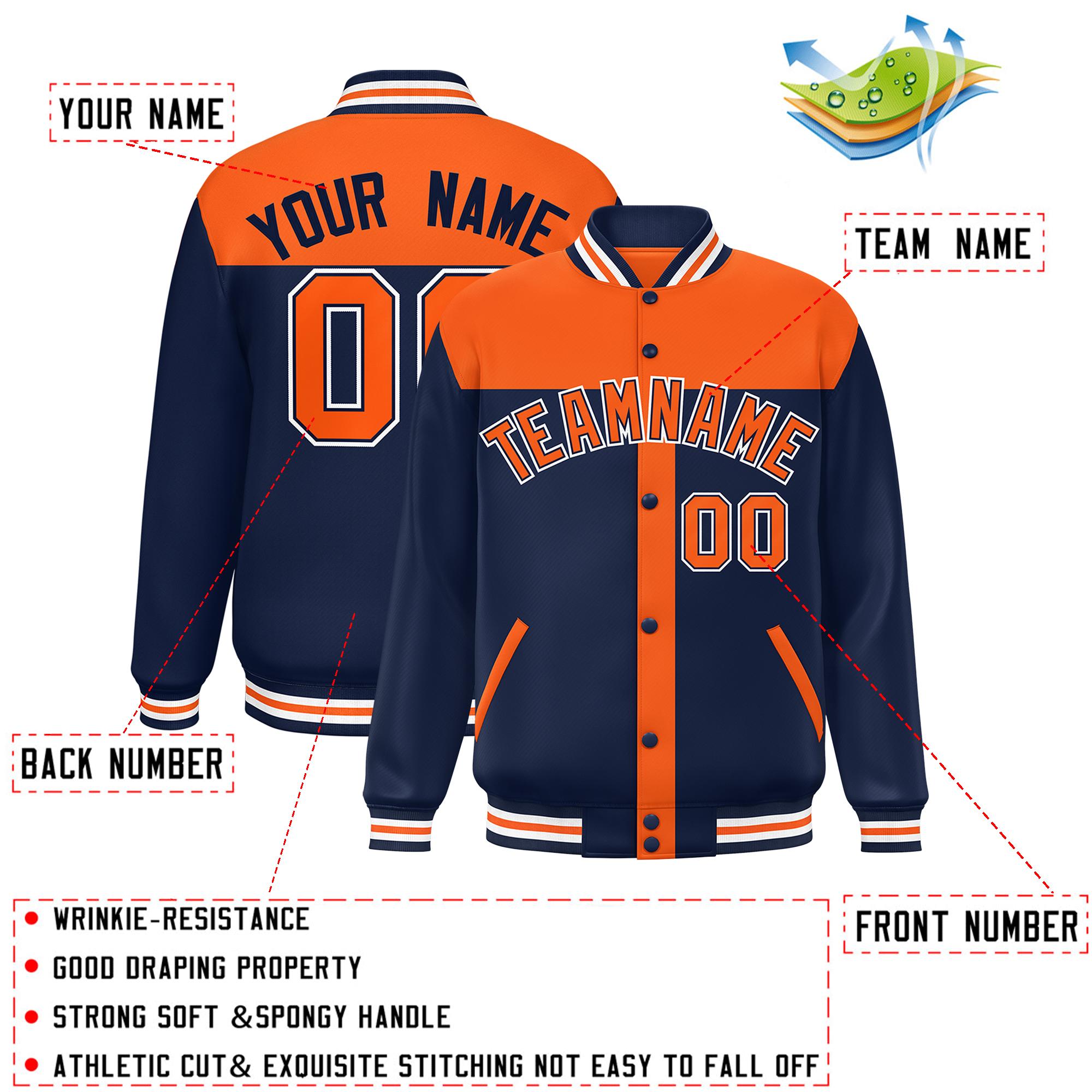 Custom Orange Navy Color Block Bomber Varsity Baseball Jacket