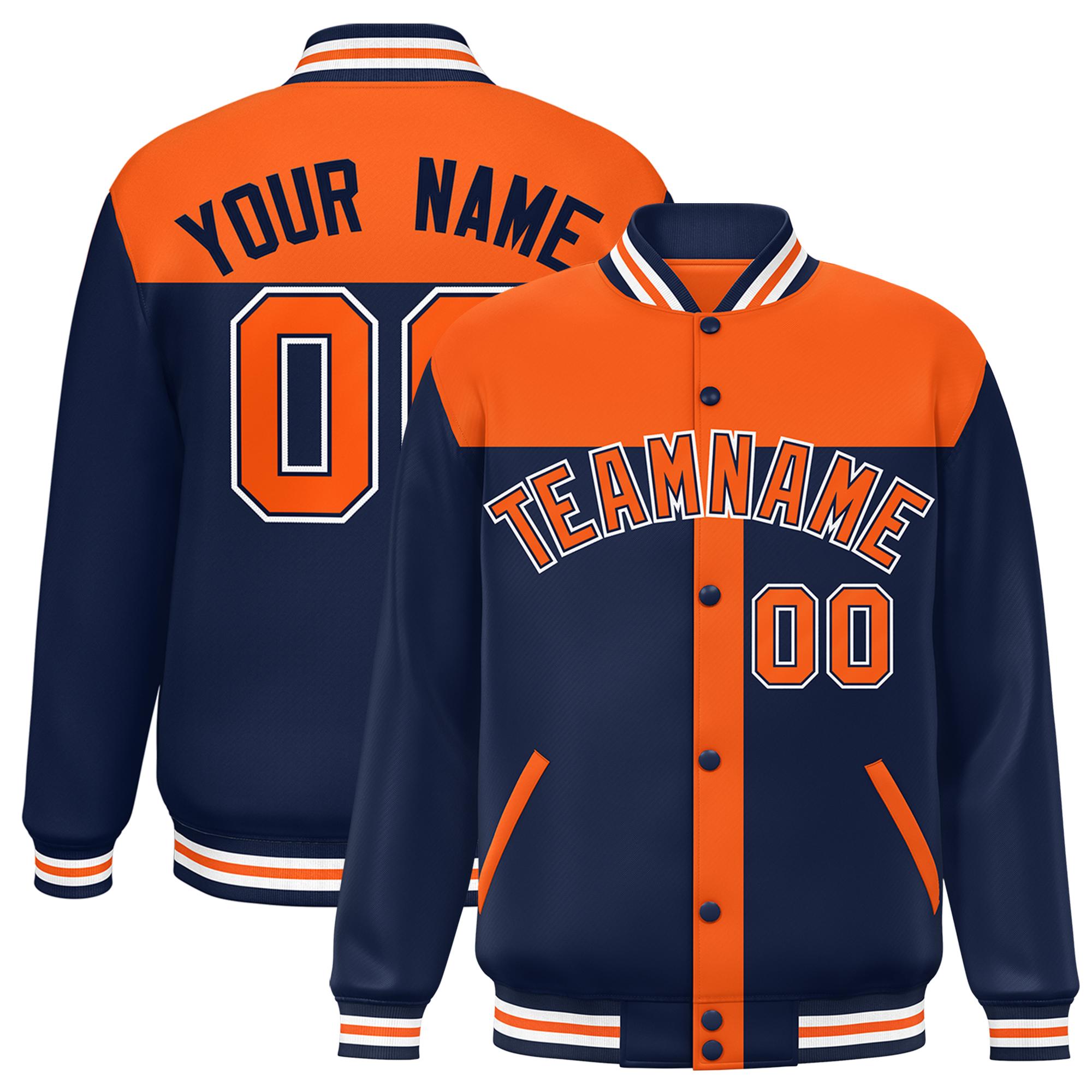 Custom Orange Navy Color Block Bomber Varsity Baseball Jacket