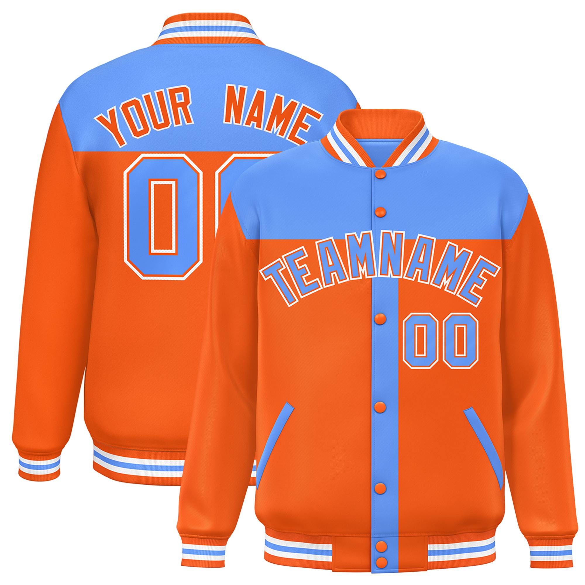 Custom Powder Blue Orange Color Block Bomber Varsity Baseball Jacket