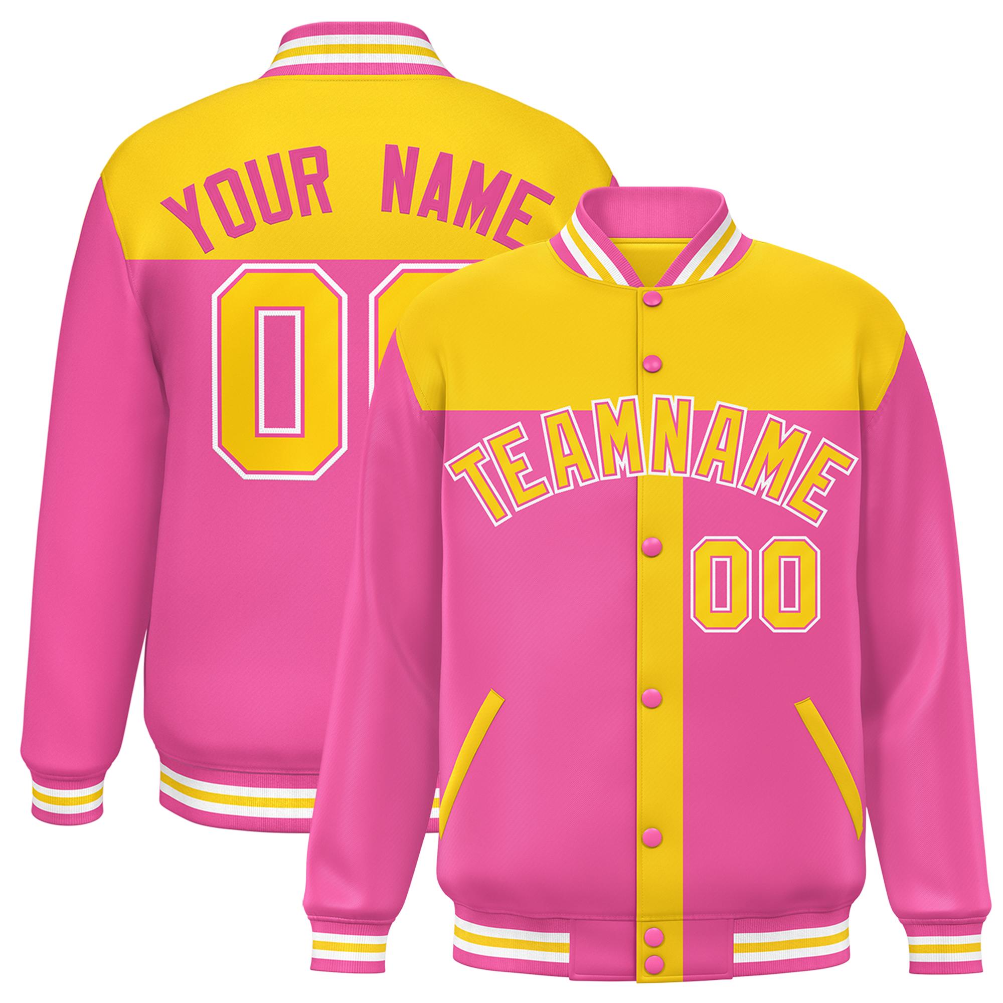 Custom Gold Pink Color Block Bomber Varsity Baseball Jacket