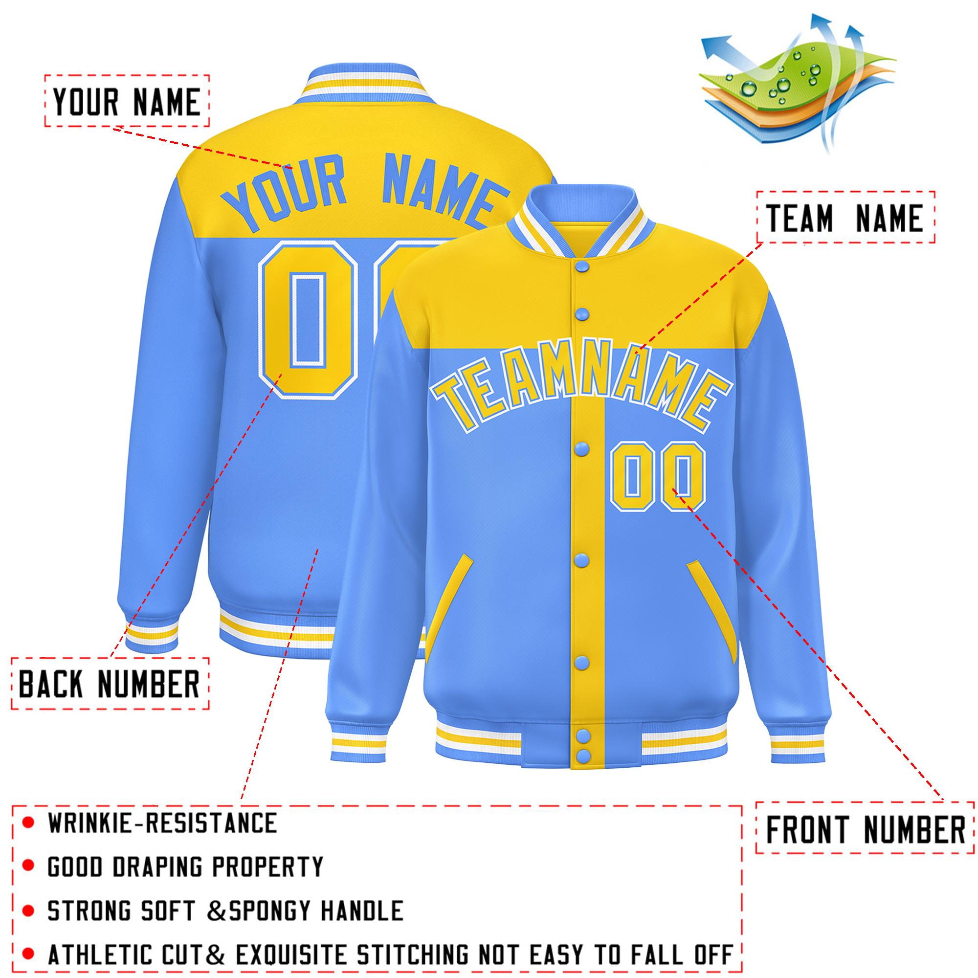 Custom Gold Powder Blue Color Block Bomber Varsity Baseball Jacket