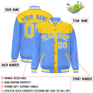 Custom Gold Powder Blue Color Block Bomber Varsity Baseball Jacket