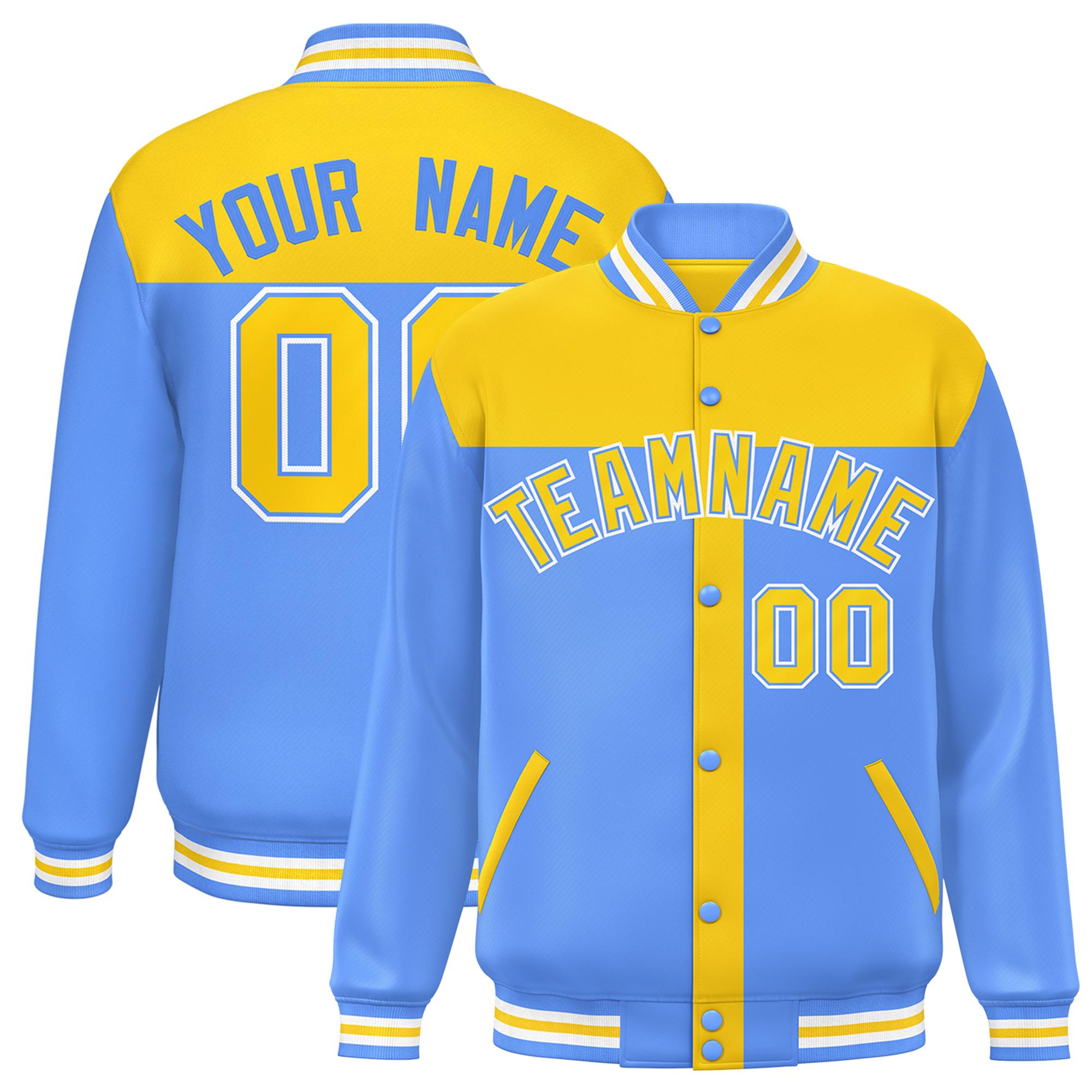 Custom Gold Powder Blue Color Block Bomber Varsity Baseball Jacket