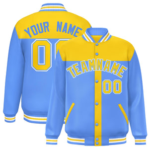 Custom Gold Powder Blue Color Block Bomber Varsity Baseball Jacket