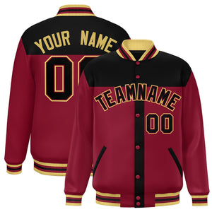 Custom Black Crimson Color Block Bomber Varsity Baseball Jacket