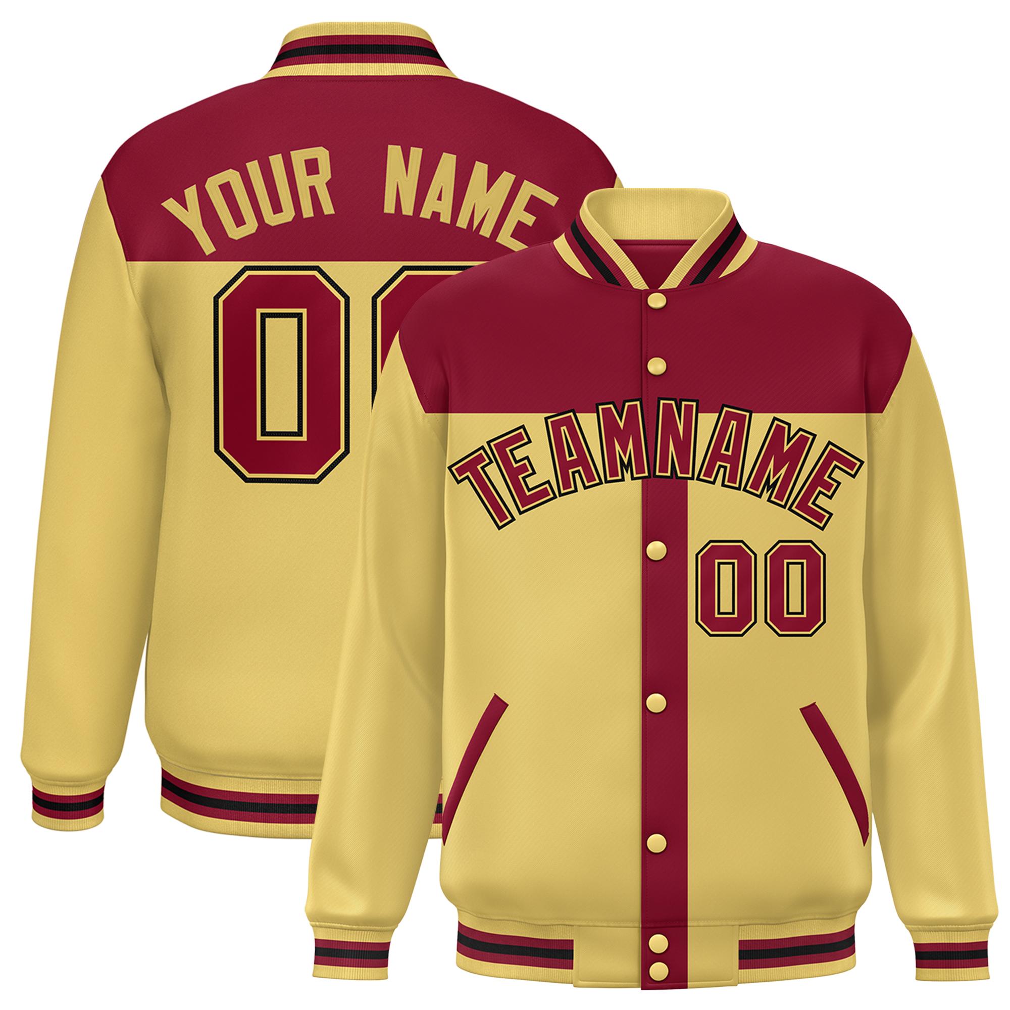 Custom Crimson Khaki Color Block Bomber Varsity Baseball Jacket