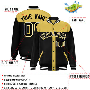 Custom Old Gold Black Color Block Bomber Varsity Baseball Jacket