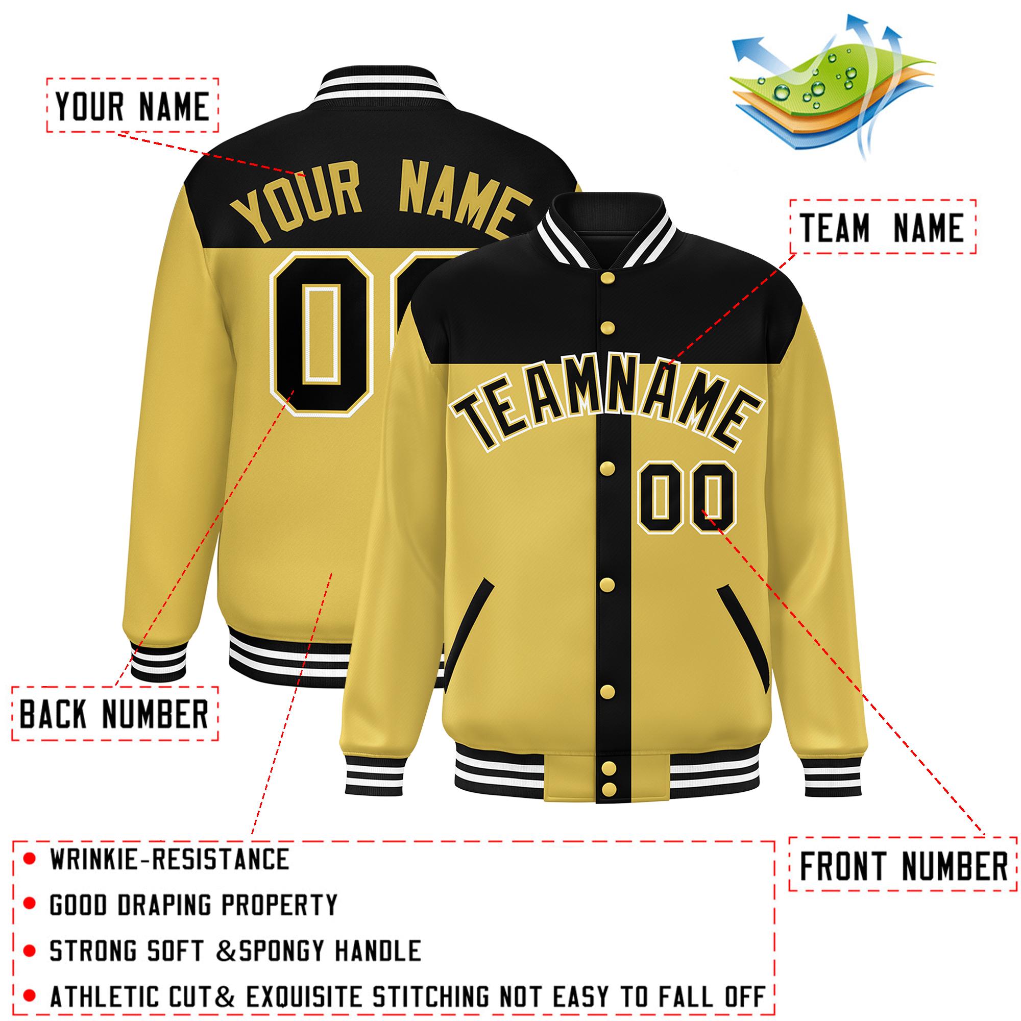 Custom Black Old Gold Color Block Bomber Varsity Baseball Jacket