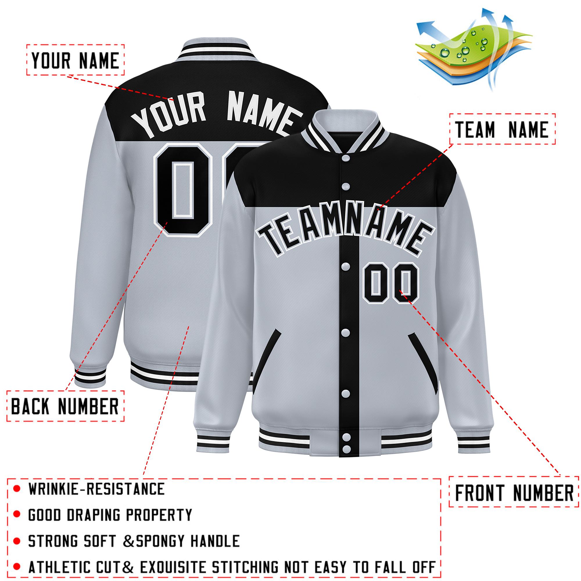 Custom Black Silver Color Block Bomber Varsity Baseball Jacket