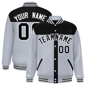 Custom Black Silver Color Block Bomber Varsity Baseball Jacket