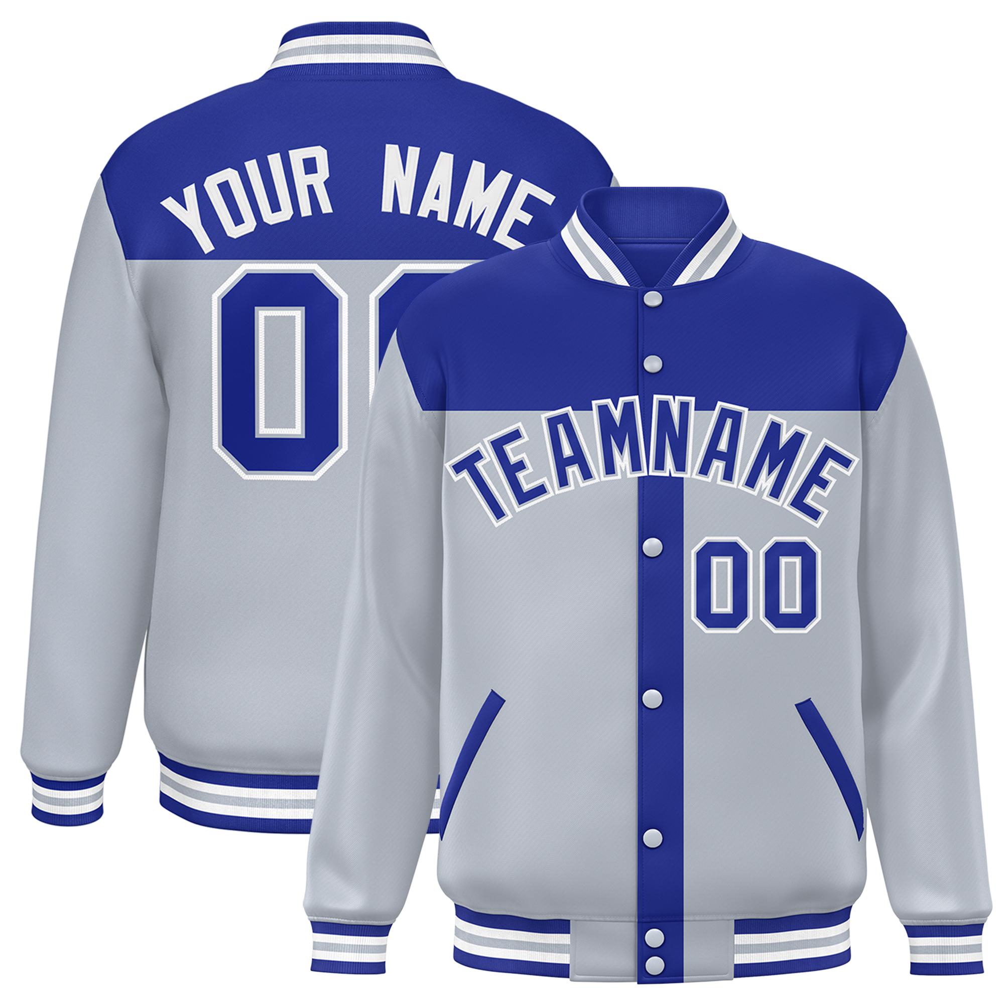 Custom Royal Silver Color Block Bomber Varsity Baseball Jacket