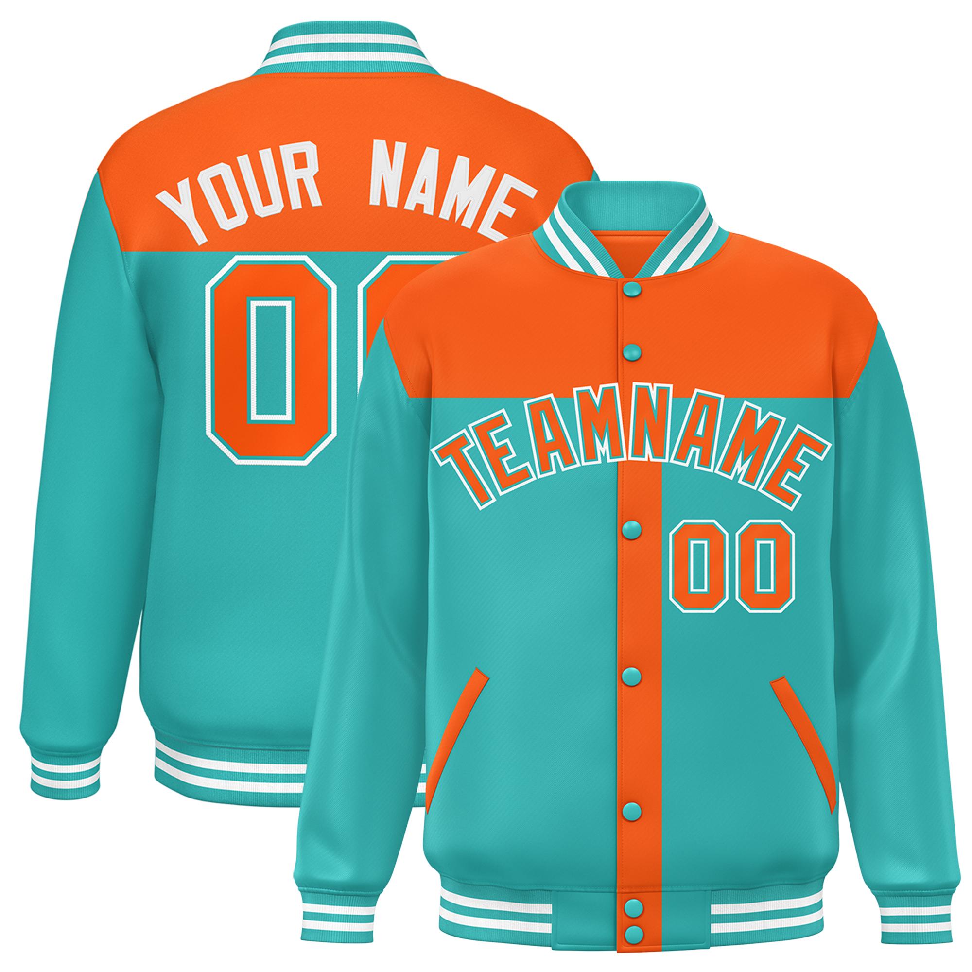 Custom Orange Aqua Color Block Bomber Varsity Baseball Jacket