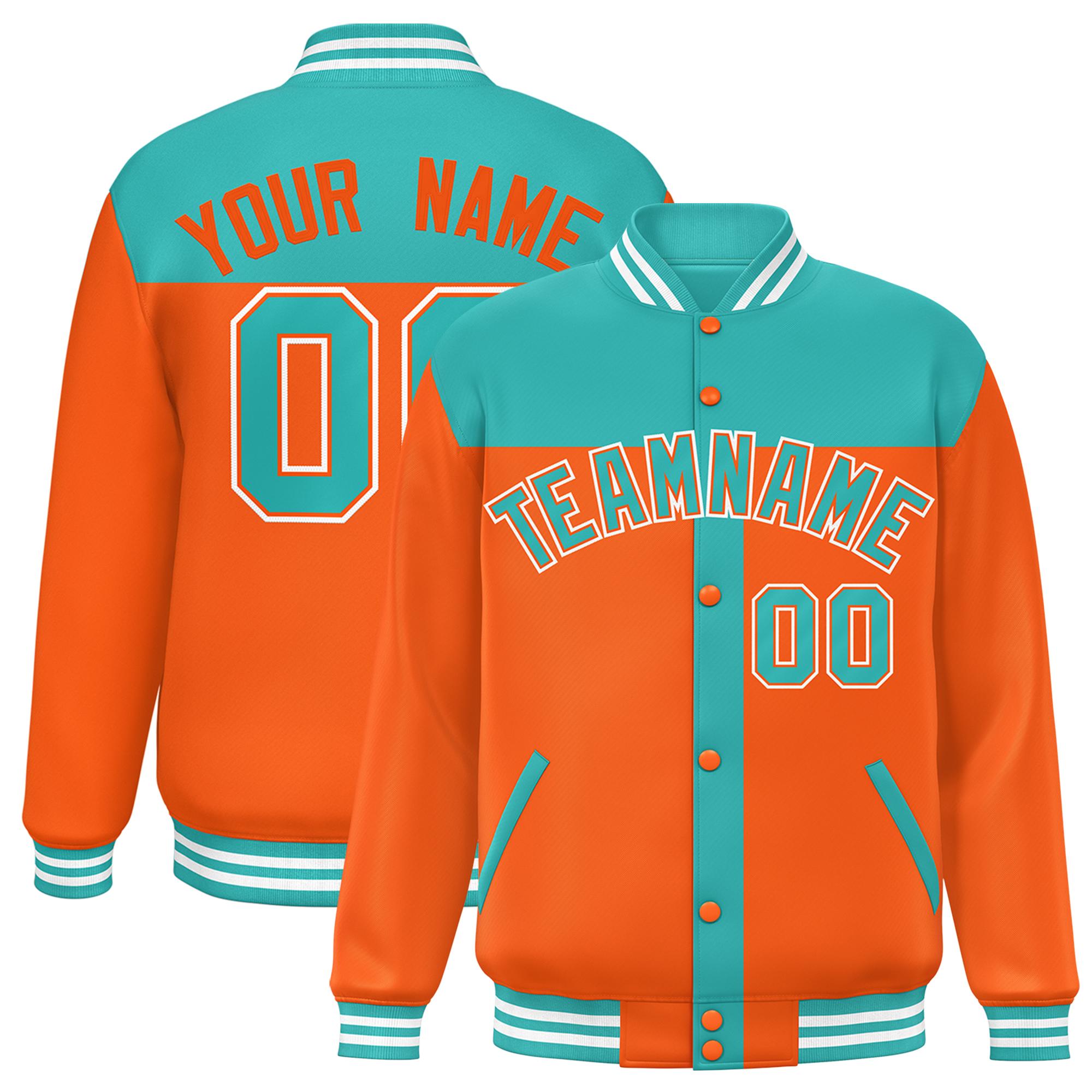 Custom Aqua Orange Color Block Bomber Varsity Baseball Jacket