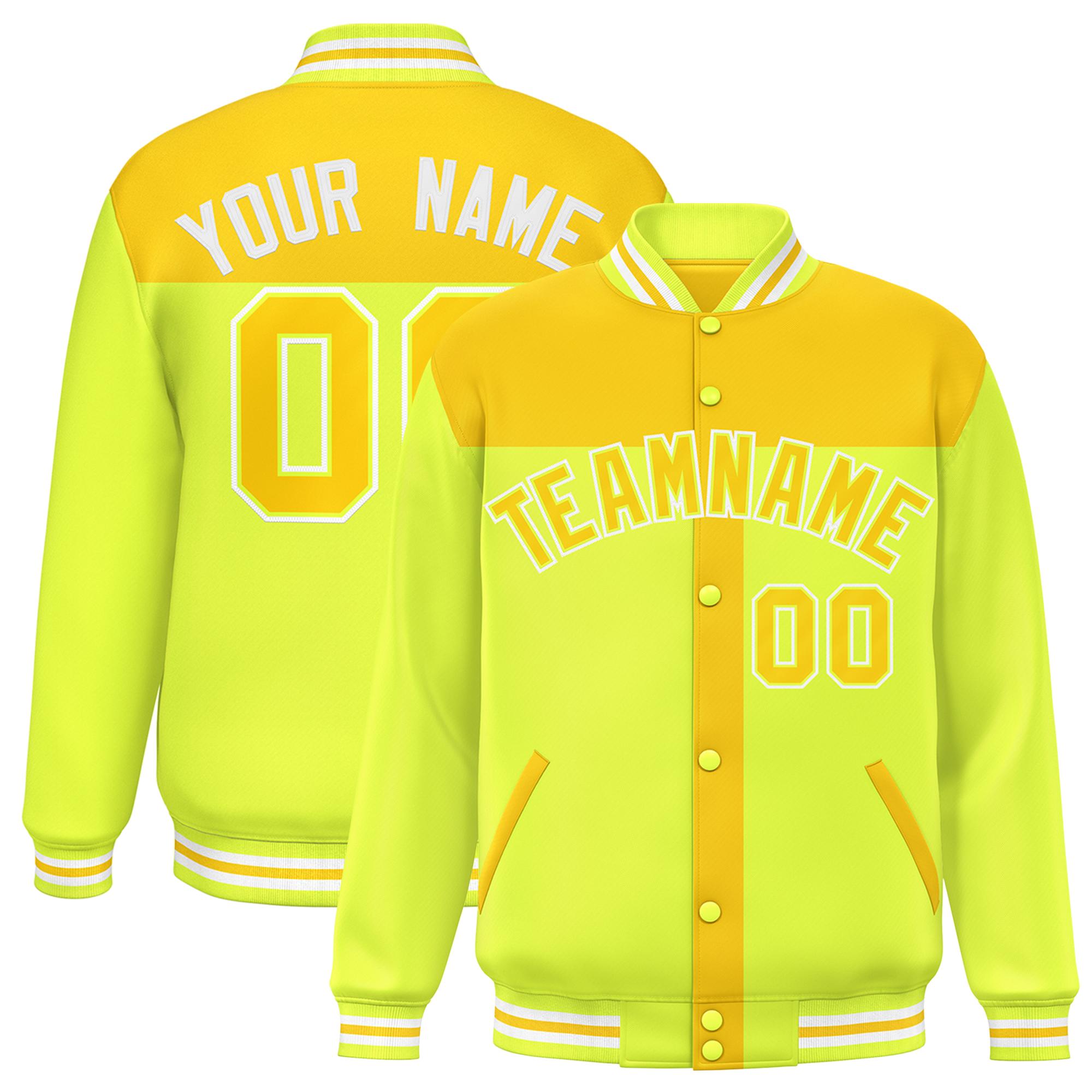 Custom Gold Green Color Block Bomber Varsity Baseball Jacket