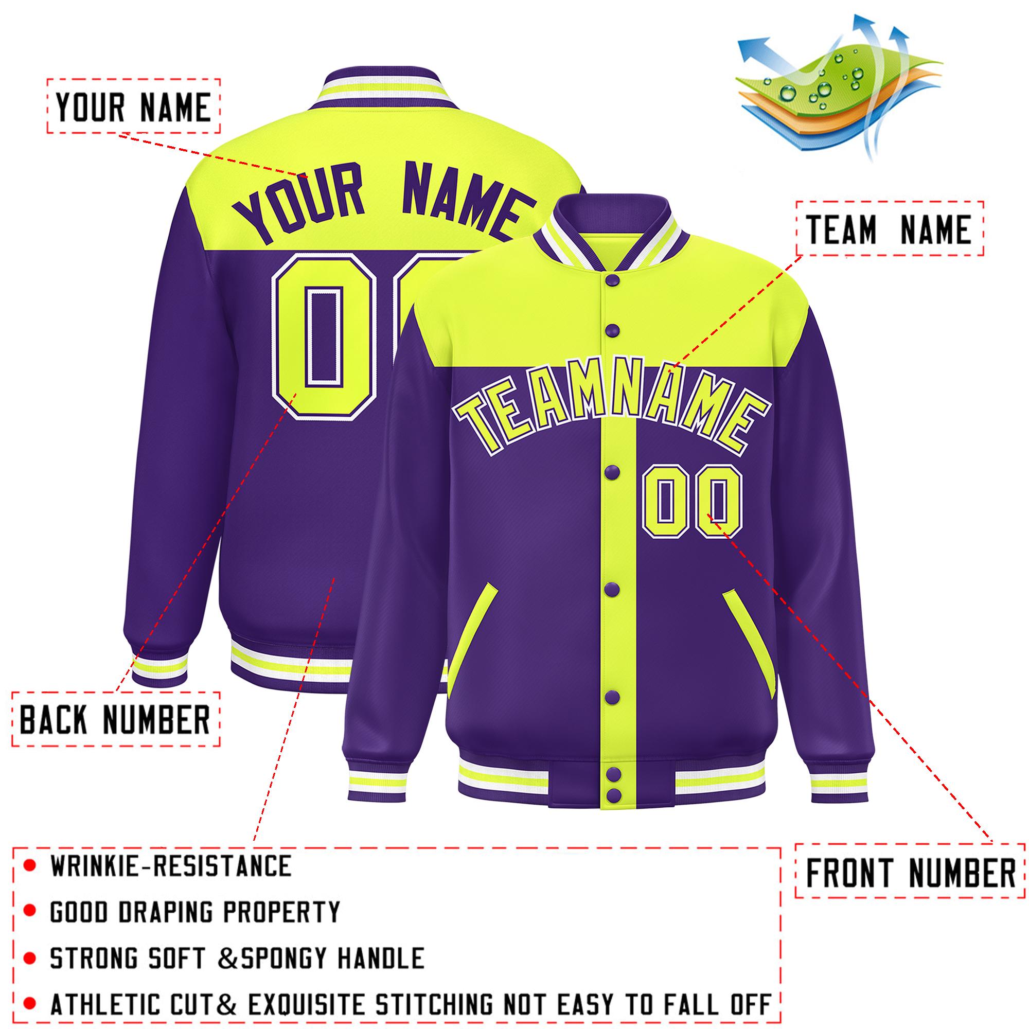 Custom Green Purple Color Block Bomber Varsity Baseball Jacket