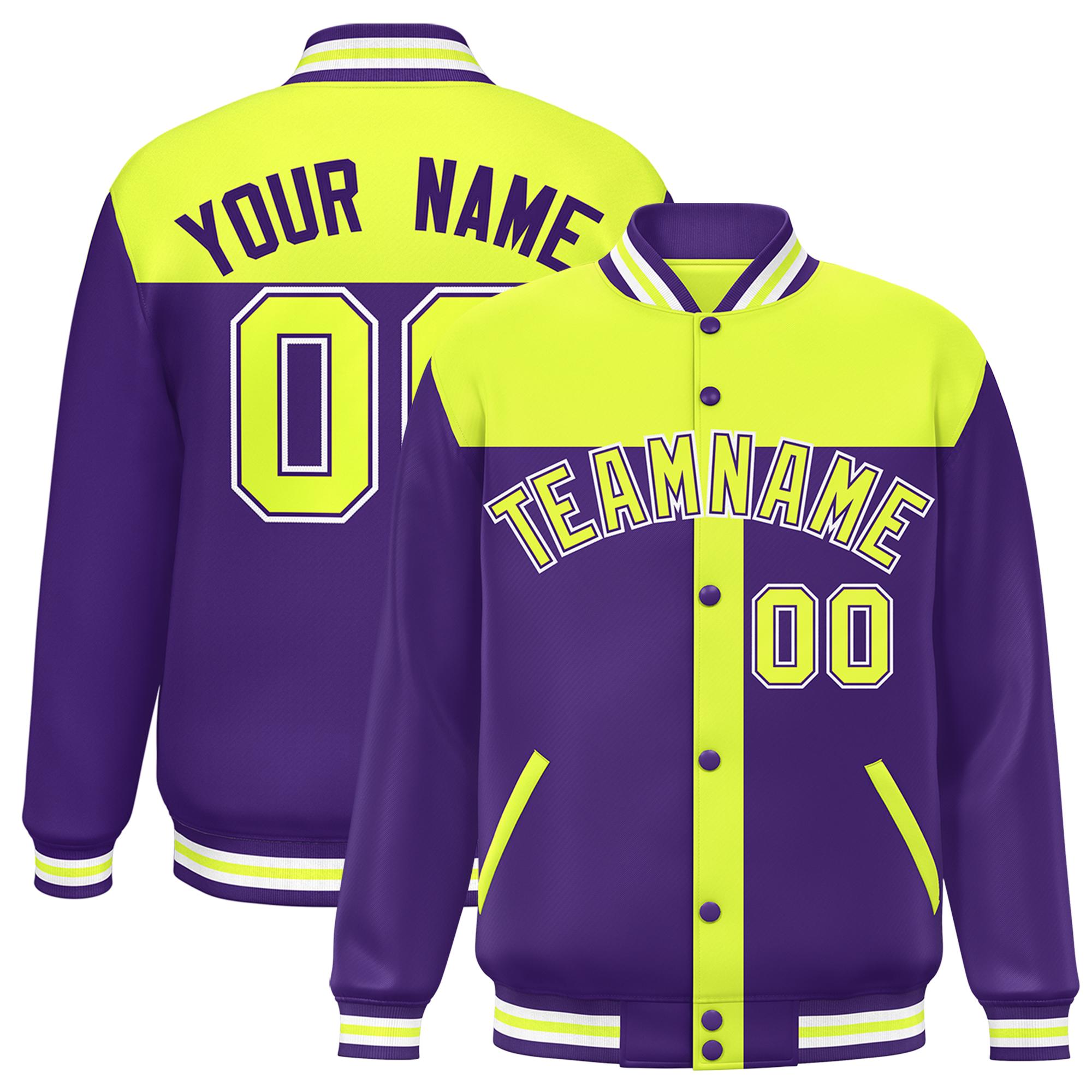 Custom Green Purple Color Block Bomber Varsity Baseball Jacket