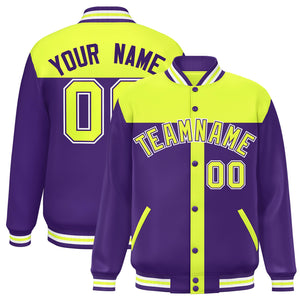 Custom Green Purple Color Block Bomber Varsity Baseball Jacket