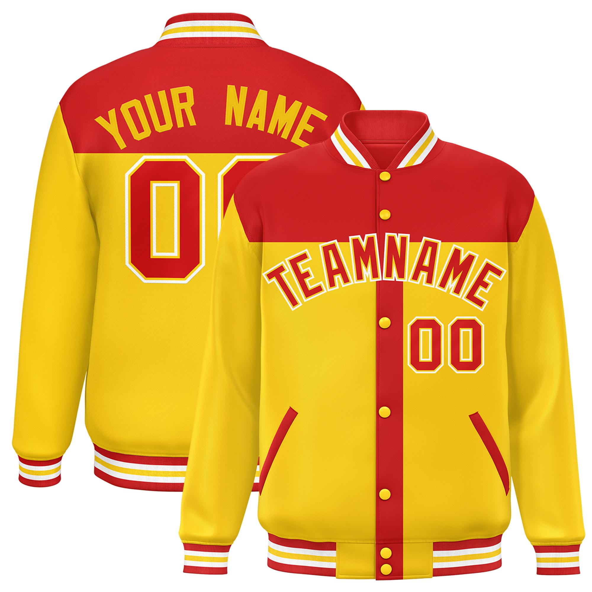 Custom Red Gold Color Block Bomber Varsity Baseball Jacket