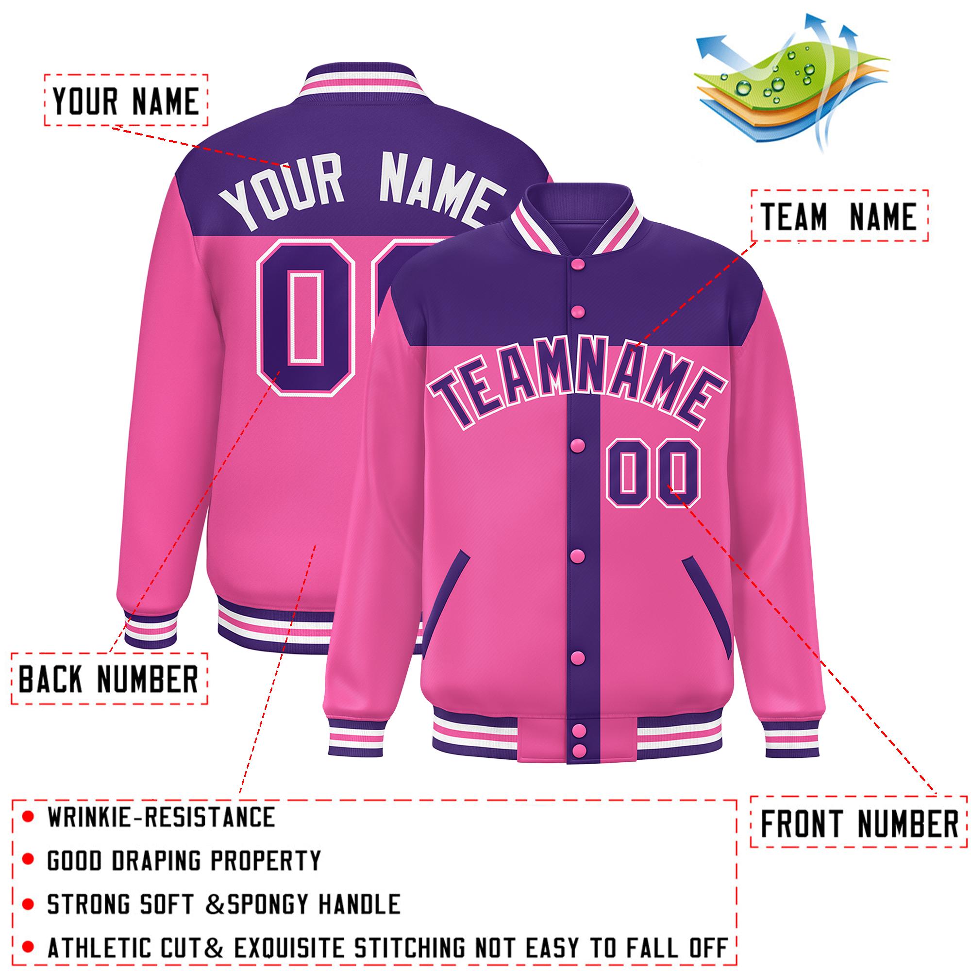 Custom Purple Pink Color Block Bomber Varsity Baseball Jacket