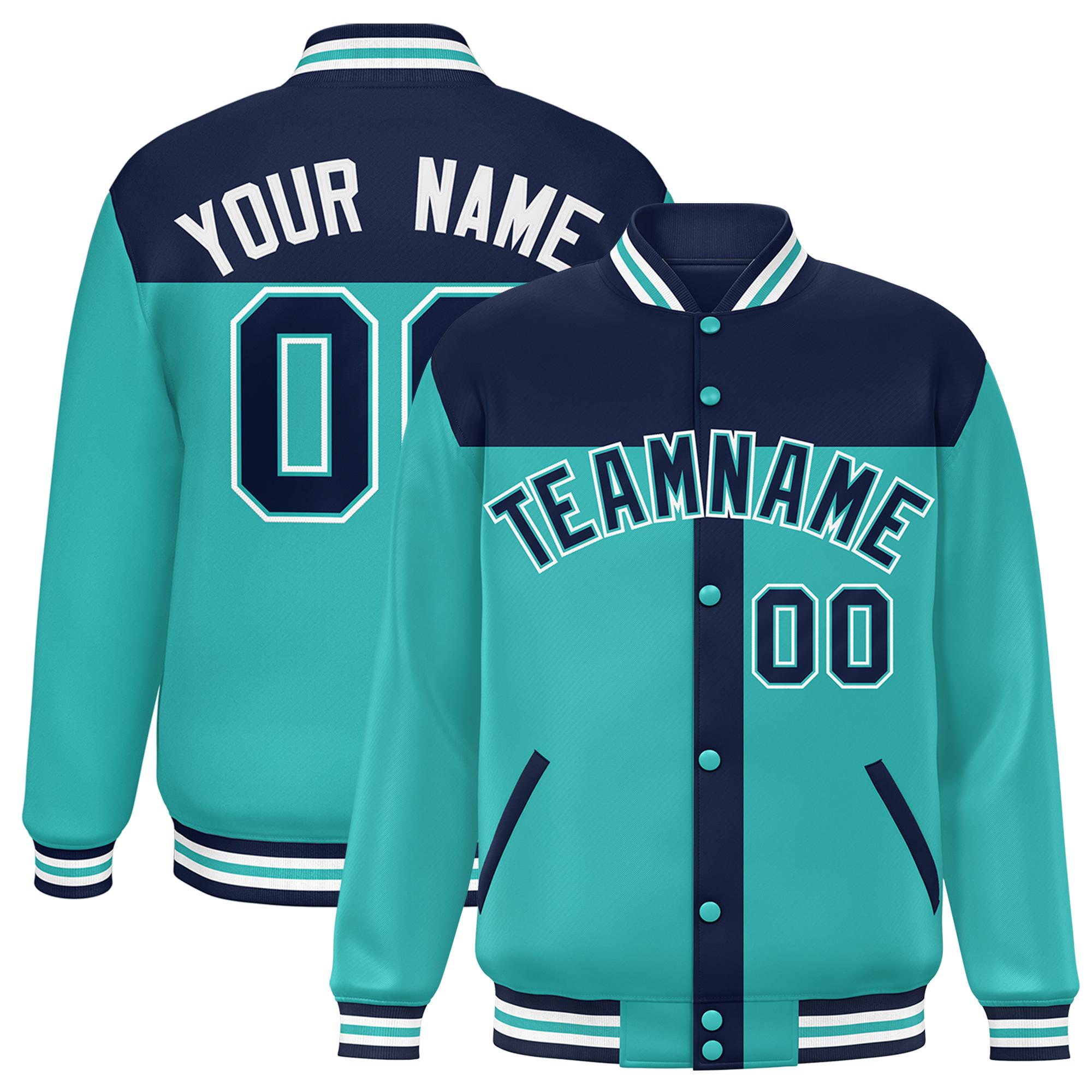 Custom Navy Aqua Color Block Bomber Varsity Baseball Jacket