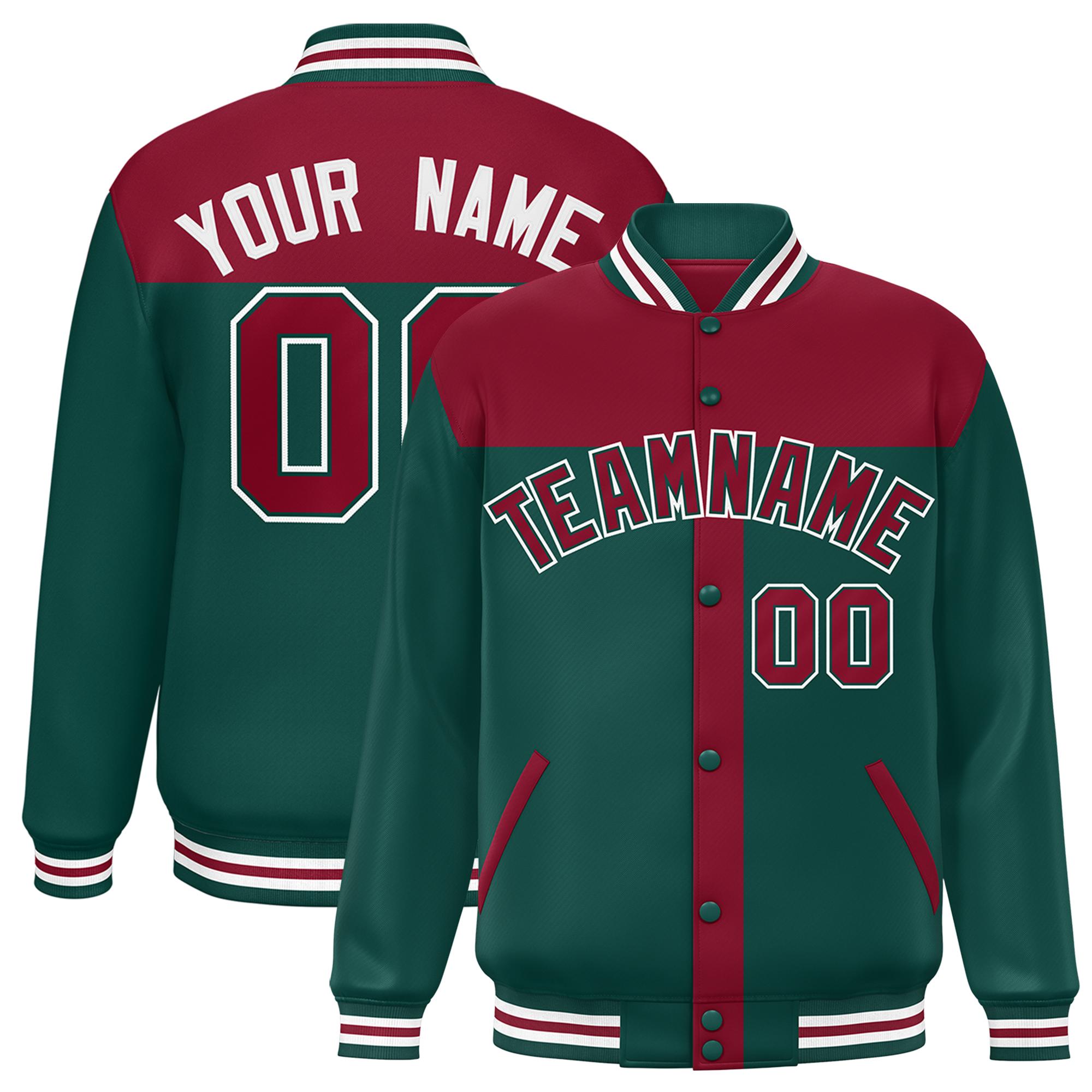 Custom Crimson Midnight Green Color Block Bomber Varsity Baseball Jacket