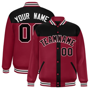 Custom Black Crimson Color Block Bomber Varsity Baseball Jacket