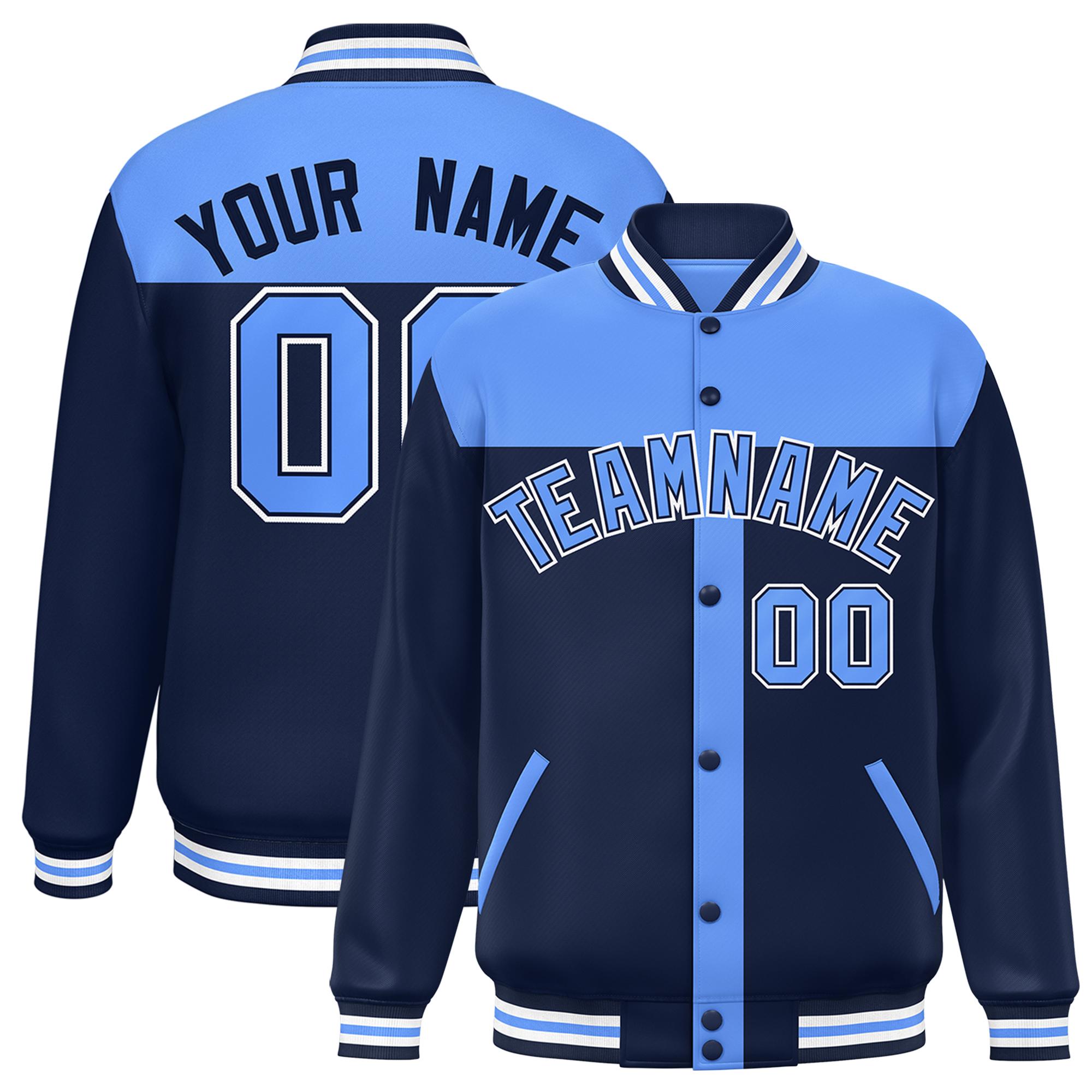 Custom Powder Blue Navy Color Block Bomber Varsity Baseball Jacket