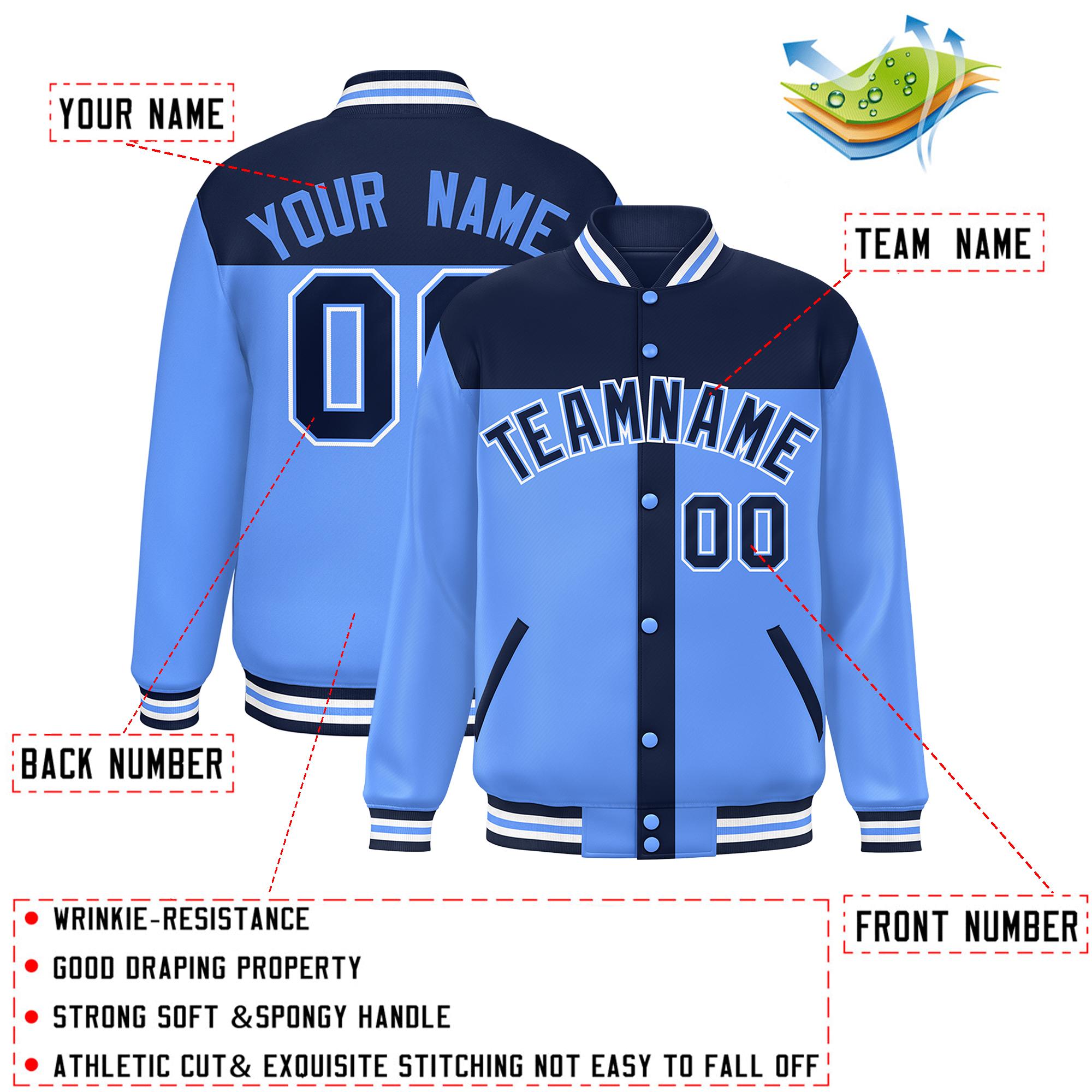 Custom Navy Powder Blue Color Block Bomber Varsity Baseball Jacket