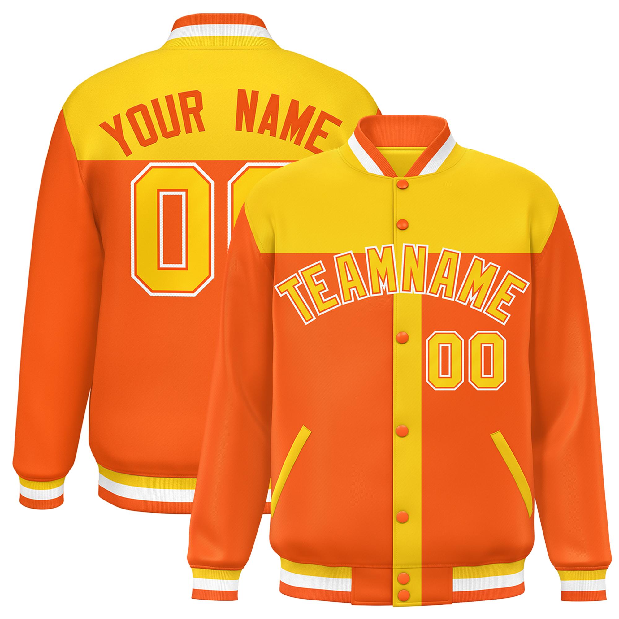 Custom Gold Orange Color Block Bomber Varsity Baseball Jacket