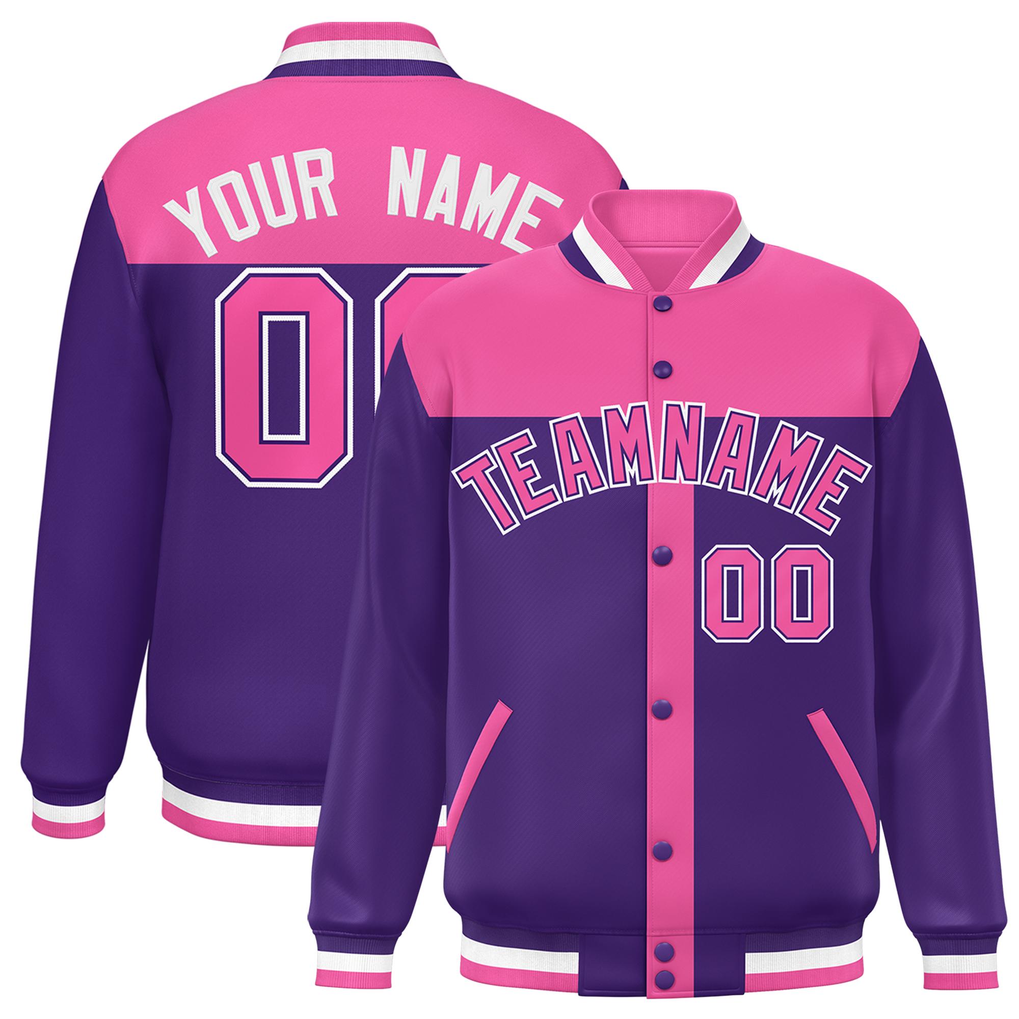 Custom Pink Purple Color Block Bomber Varsity Baseball Jacket