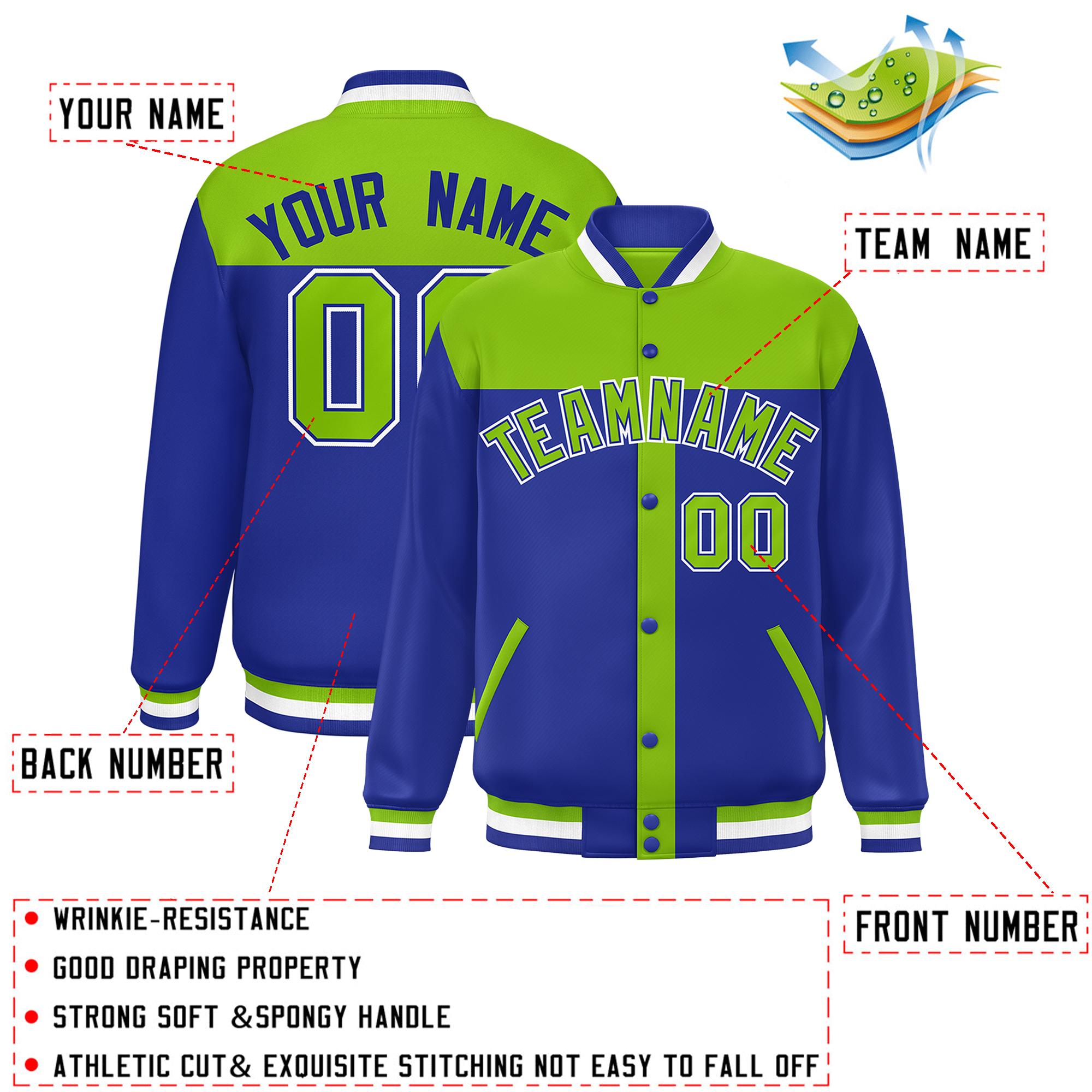 Custom Neon Green Royal Color Block Bomber Varsity Baseball Jacket