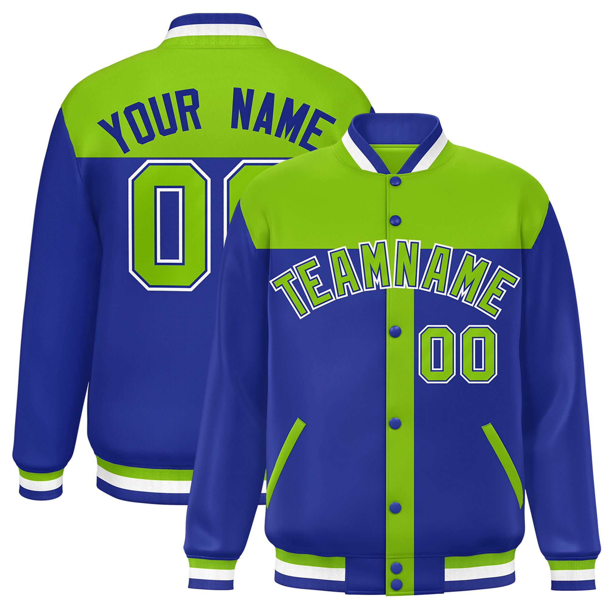 Custom Neon Green Royal Color Block Bomber Varsity Baseball Jacket