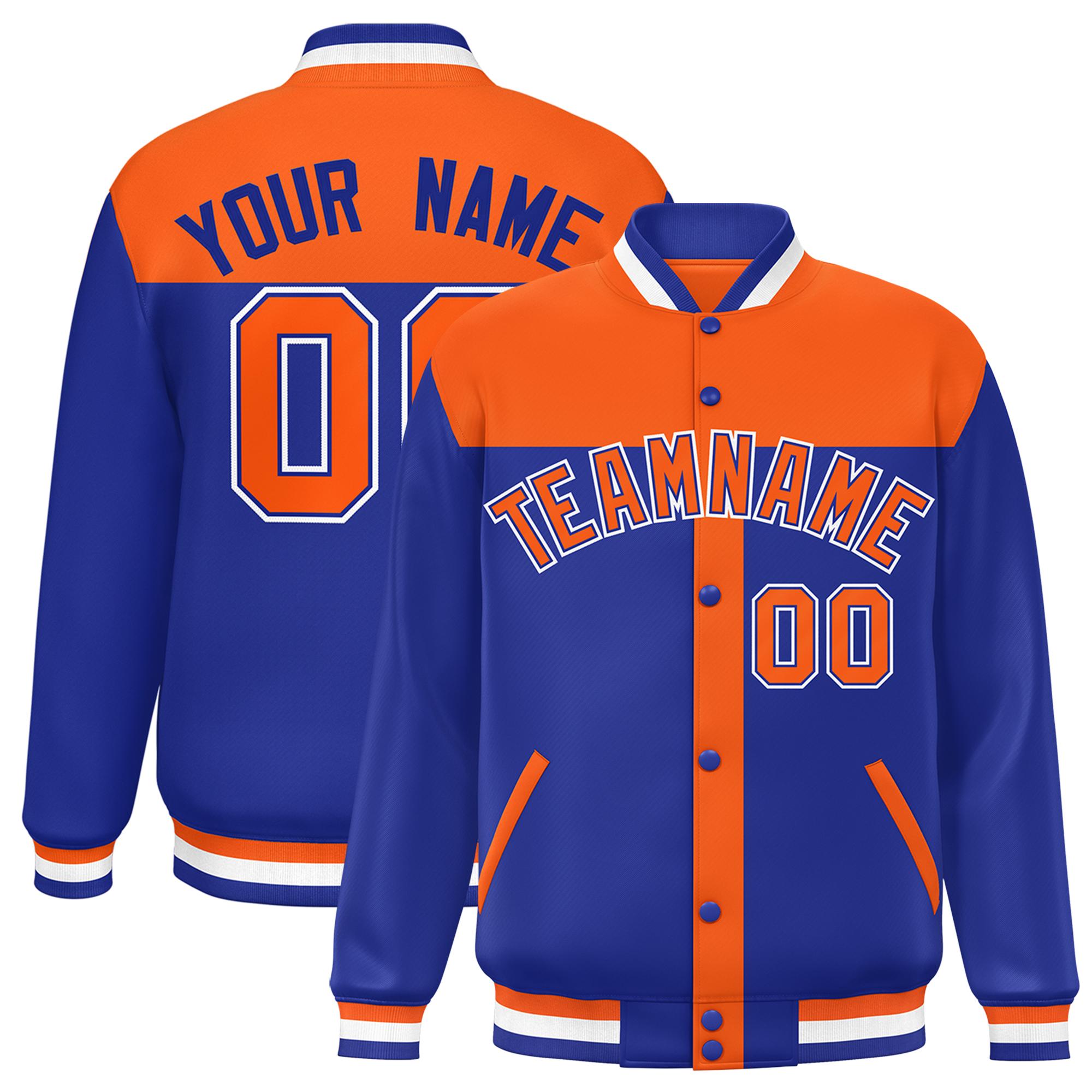 Custom Orange Royal Color Block Bomber Varsity Baseball Jacket