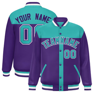 Custom Aqua Purple Color Block Bomber Varsity Baseball Jacket