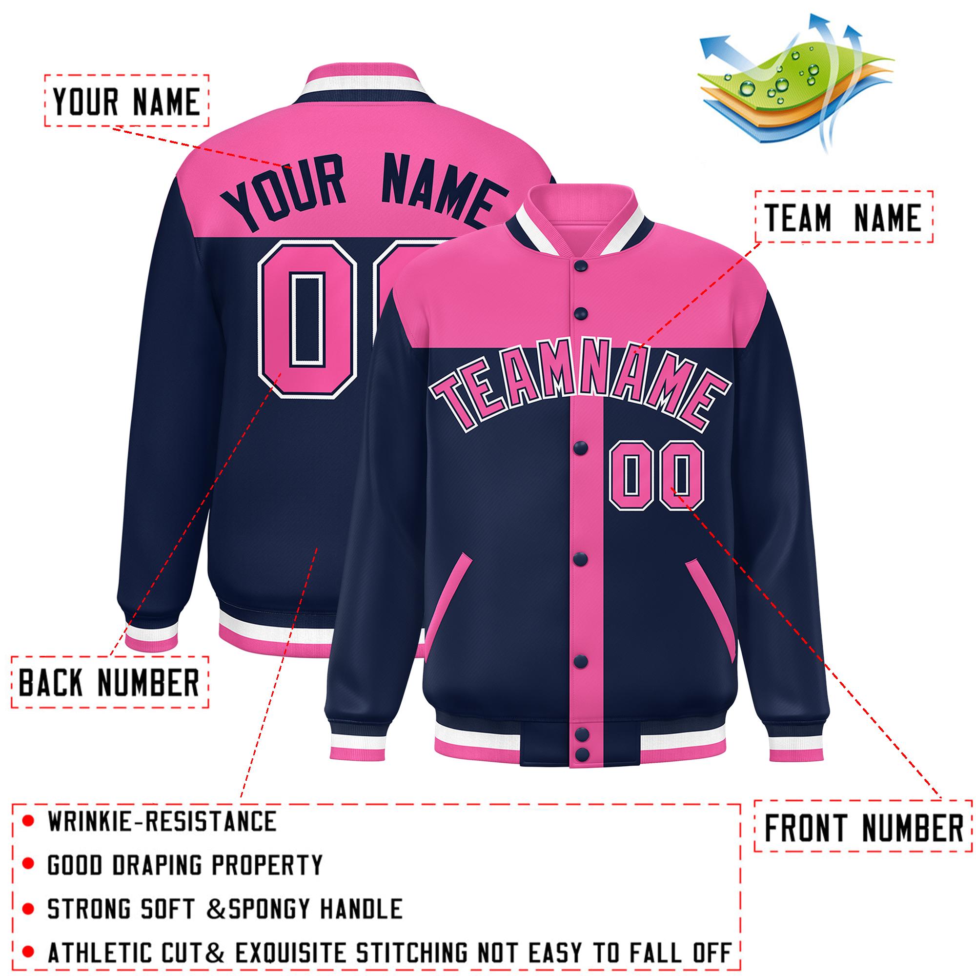 Custom Pink Navy Color Block Bomber Varsity Baseball Jacket