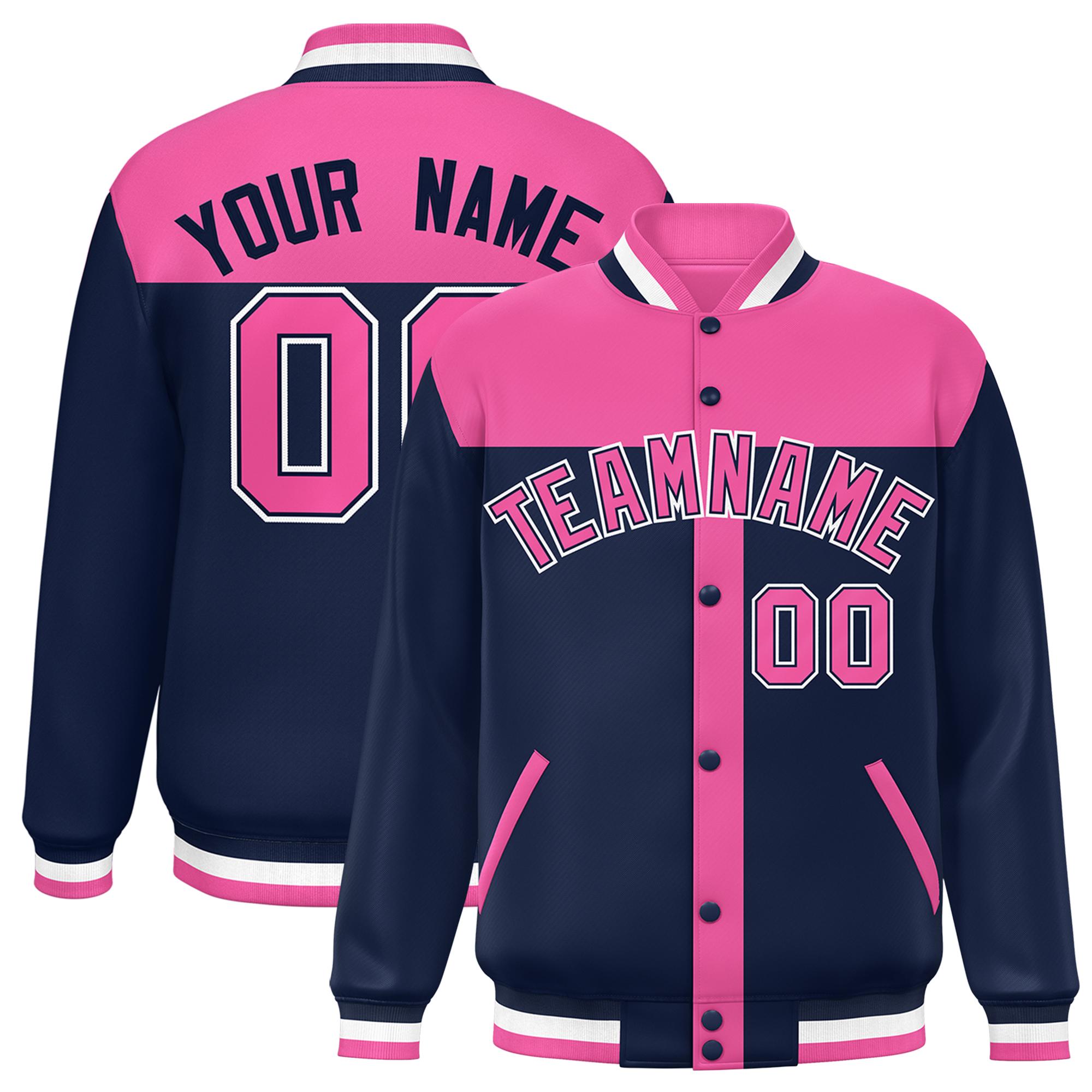 Custom Pink Navy Color Block Bomber Varsity Baseball Jacket