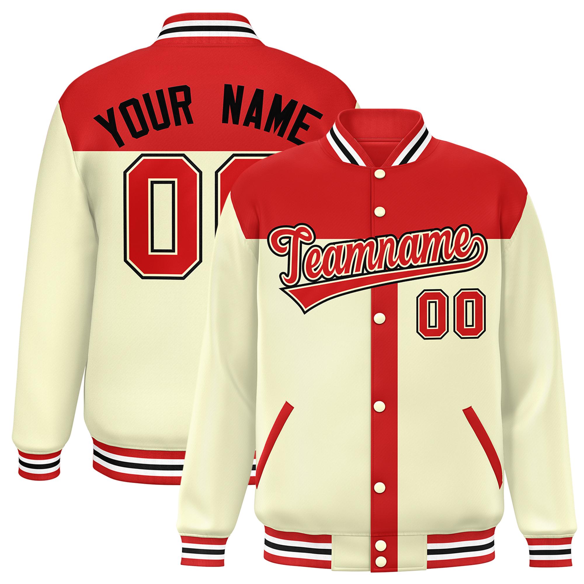 Custom Red Cream Color Block Bomber Varsity Baseball Jacket