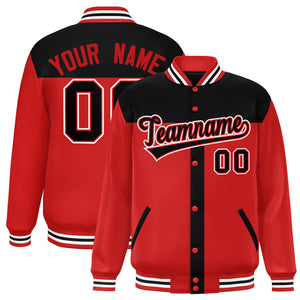 Custom Black Red Color Block Bomber Varsity Baseball Jacket