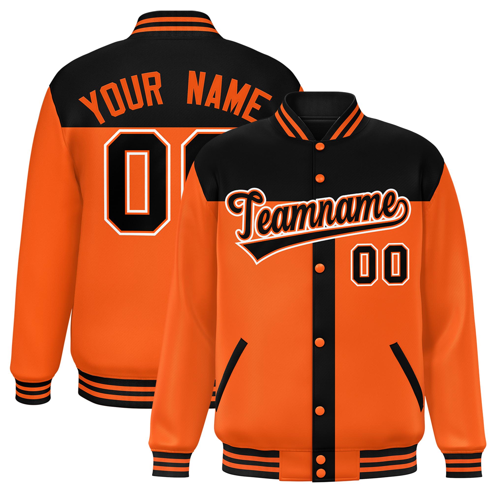 Custom Black Orange Color Block Bomber Varsity Baseball Jacket