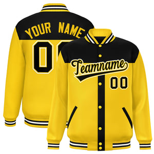 Custom Black Gold Color Block Bomber Varsity Baseball Jacket